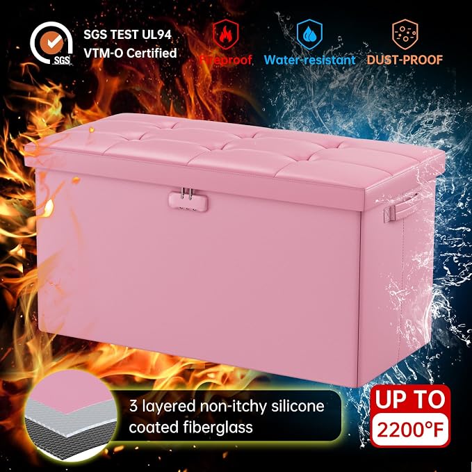 DocSafe Storage Ottoman Bench with Lock,Fireproof 30 Inches Folding Bench Foot Rest Stool Storage Chest Safe for Living Room,Bedroom,Home Office,Waterproof Leather Ottoman with Handles,Pink