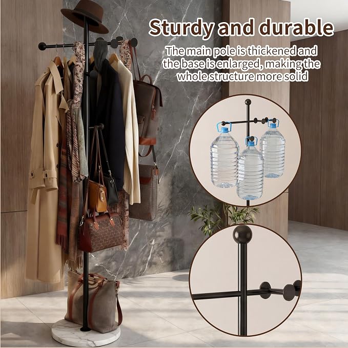 68.9 Inch Tall Modern Coat Rack,Black Coat Tree Freestanding,Heavy-Duty Metal Coat Rack Freestanding with Sturdy Marble Base for Entryway,Hallway,Bedroom,Holds Coats Hats Bags Scarves