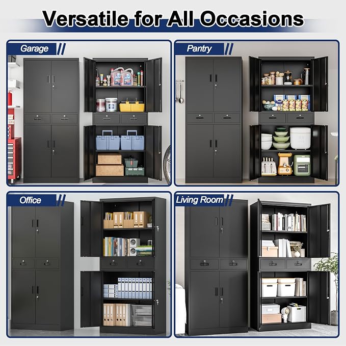 BESFUR Metal Storage Cabinet with 2 Drawers 4 Doors and 2 Adjustable Shelves Garage Storage Cabinet with Lock 71" Office Storage Cabinets Locking Cabinets for Garage Office Shop Home (Black)