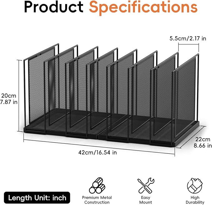 File Organizer For Desk, 7 Section Metal Desktop File Sorter, Black | Desk file organizer, connectable 7 section design, 2.17 in spacing, vertical folder storage for home office and classroom
