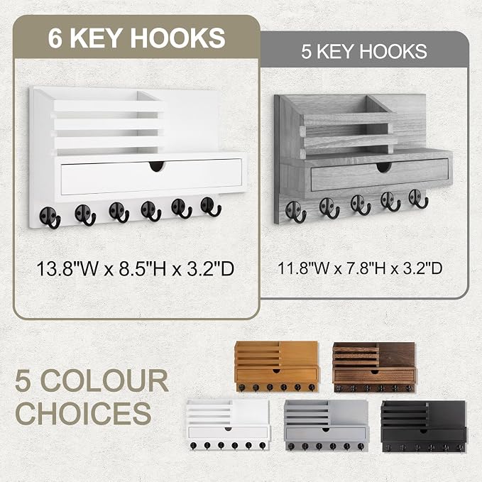 Key Holder Wall Mount, Mail Holder with Storage Drawer and 6 Key Hooks for Coat, Dog Leash, Home Decor Rack, House Accessories, Entry Way Organizer