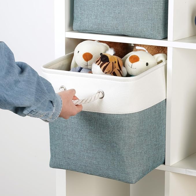 Temary 12 Inch Cube Storage Baskets 4 Pack Fabric Storage Bin for Organizing, Shelf Baskets for Home Office Closet, Collapsible Cube Storage Bins (White&Dark Green)