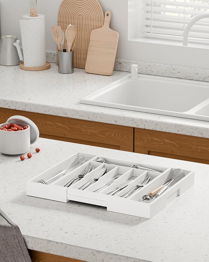 Kitsure Silverware Organizer, Bamboo Kitchen Drawer Tray, White, Large | Expandable Drawer Kitchen Organizer, Cooking Utensils & Cutlery, Sturdy & Thickened Design, Storage Solution