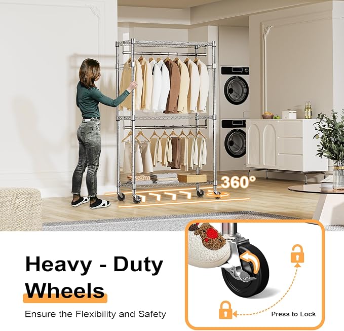 M MZG Heavy Duty Rolling Garment Rack 3 Tiers Adjustable Wire Shelving Clothes Rack with 2 Rods and Side Hooks,Storage Closet Clothing Rack with Wheels Chrome 15.7" D x 29.5" W x 74.5" H