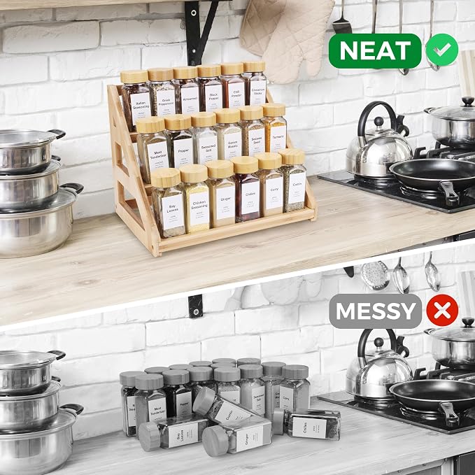 Spice Rack, Spice Organizer -3 Tier Bamboo Spice Racks, Solution for Spice Storage in Kitchens, Countertops，Storage Rooms and Other Places