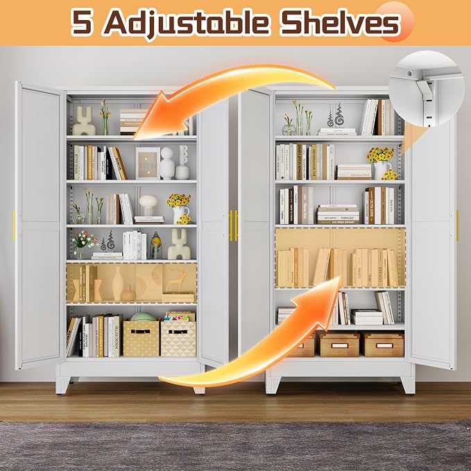 PAOFIN 75" Metal Kitchen Pantry Cabinet,White Storage Cabinet with Doors and 5 Adjustable Shelves, Cabinet with 2 Metal Handles,Tall Cabinet for Livingroom,Pantry, Bathroom,Kitchen