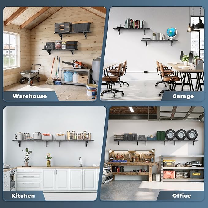 Jusgym 2 Pack Wall Mounted Garage Shelving, 1x4ft, 700lbs Integrated Grid | Wall Mounted Floating Design, 12"x96" Storage Rack, No Splice Seamless Structure, Rustproof Black Coating for Garage Workshop