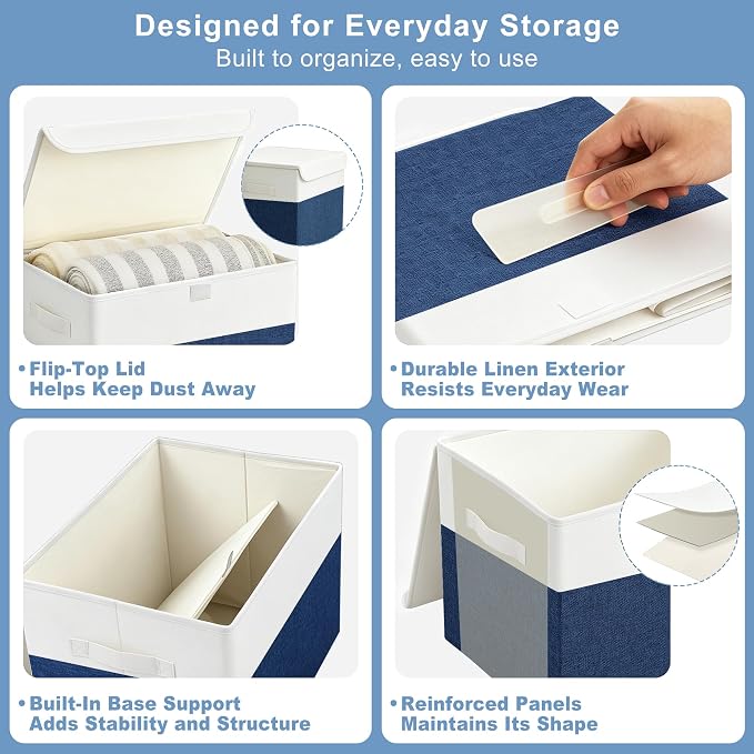 Bagnizer Large 22 Quart Linen Fabric Foldable Storage Bin Cube Organizer Basket with Flip-Top Lid & Handles, Clothes Blanket Box for Home, Office, Closet, Navy Blue & White, 4 Pack 14.6 x 9.5 x 9.5