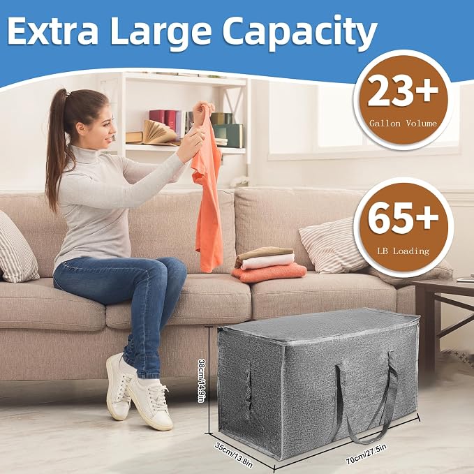 8 Pack-Extra Large Heavy Duty Moving Bags - Waterproof Storage Totes with Handles & Zippers, Foldable for College Dorm, Storage (Gray)