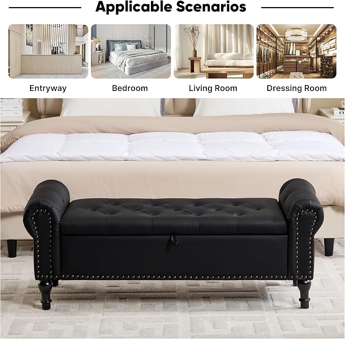 Storage Bench for Bedroom, 51" Upholstered End of Bed Bench, Faux Leather Queen Size Benches with Rolled Arms, Tufted Button Storage Long Ottoman, Living Room, Entryway, Obsidian Black