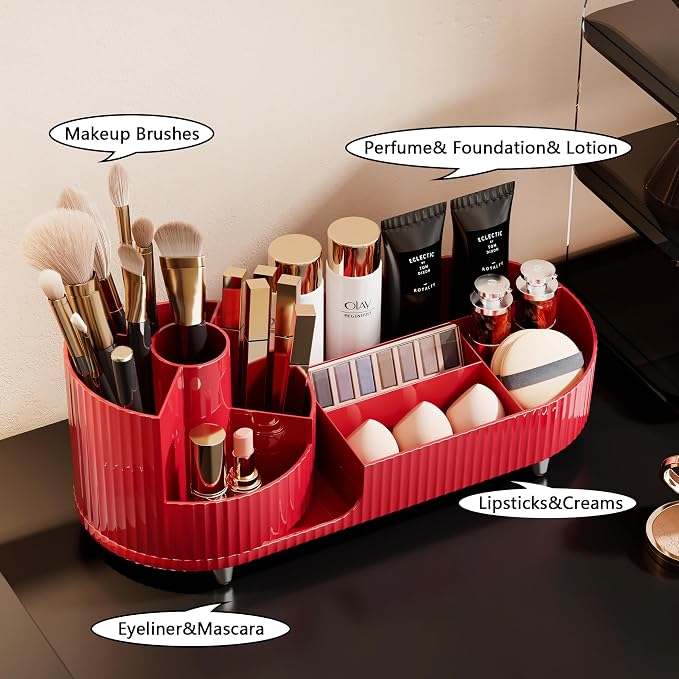 Rotating Makeup Organizer for Vanity with Brush Holder, Cosmetic Makeup Storage Organizer, Large Spinning Makeup Skincare Organizer, Countertop Makeup Perfume Organizer, Lotions Display Case Red