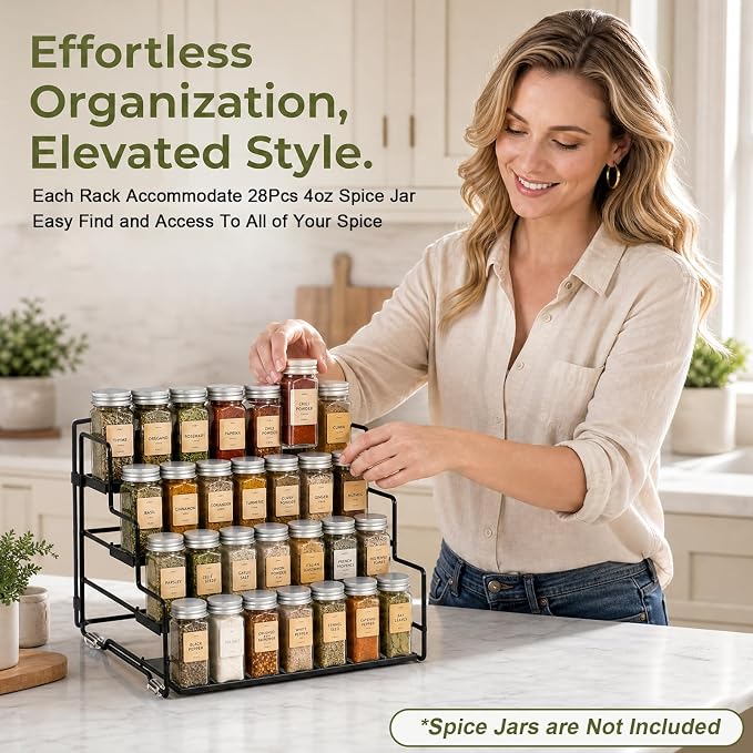 4 Tier Adjustable Spice Rack Organizer for Cabinet & Countertop | Adjustable-Depth Shelves, Tiered Visible Display, Raised Edge Guard, Vertical Space Saver, Metal Construction, Black