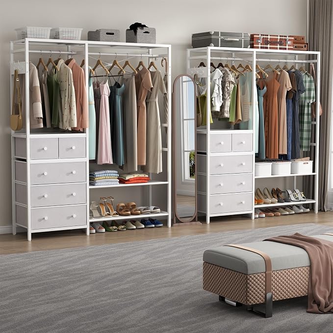 Freestanding Clothes Rack with 5 Drawers & 4 Storage Shelves,2 Hanging Rods | 59.1" W*70.9" H Heavy Duty Clothing Rack, Wardrobe Closet Organizer System with 5 Hooks, Garment Rack (White)