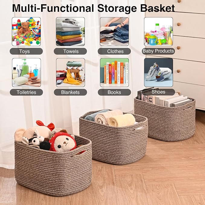 ICERZCZ Storage Baskets for Organizing Shelves, Woven Cotton Rope Bins for Baby Nursery Organization, Book Toy Towel Organizer, 15"x11"x9.5", 3 Packs, Dark Brown