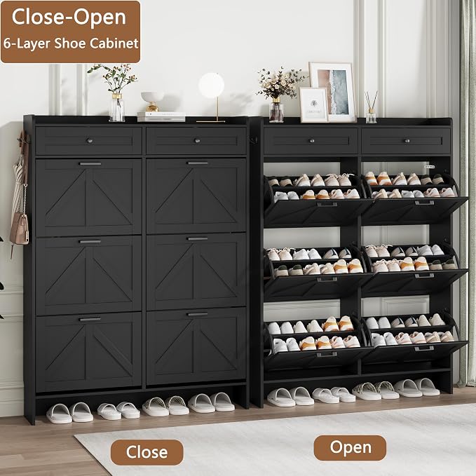 Shoe Cabinet with 6 Flip Drawers & 2 Top Drawers, 57" Tall Freestanding Narrow Wooden Shoe Storage Organizer for Entryway, Hidden Slim Shoe Rack for Front Door Entrance, Hallway, Living Room, Black