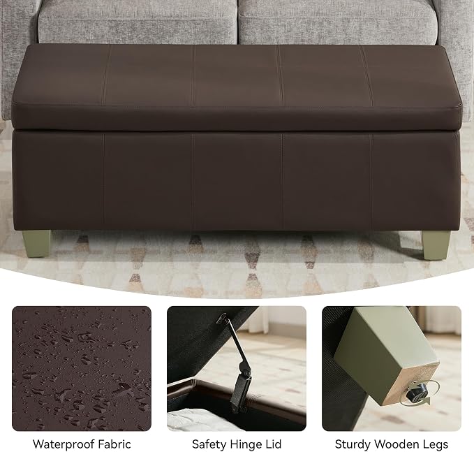 WUTUTUEE 51" Faux Leather Storage Ottoman, Stitch Tufted Rectangle Upholstered End of Bed Storage Bench, Entryway Large Couch Ottoman with Wooden Legs,Brown