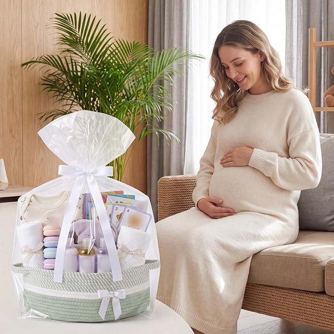 Colingmill 1 Set Woven Empty Basket for Gift,Sage Green White | with Cellophane Wrap Set, 14 x 10 x 5.5 Inch, Medium Decorative Gift Basket, Cotton Rope Storage Box, Home Decor