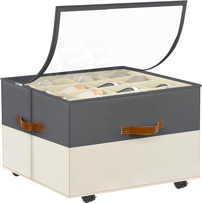 Foyego Shoe Organizer for Closet, with Wheels, Beige and Grey | Fits 16 Pairs, with Adjustable Dividers and Clear Cover, Saving Space Foldable Fabric Closet Shoe Storage Organizer Box Bins