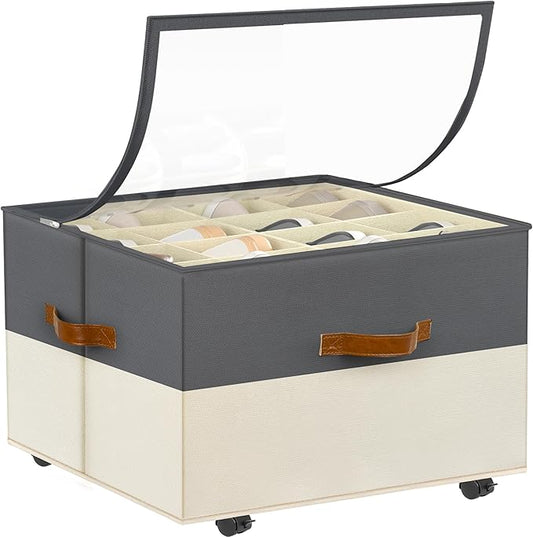 Foyego Shoe Organizer for Closet, with Wheels, Beige and Grey | Fits 16 Pairs, with Adjustable Dividers and Clear Cover, Saving Space Foldable Fabric Closet Shoe Storage Organizer Box Bins