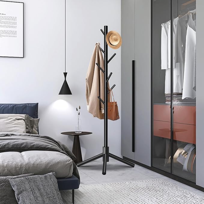 Unisakey 8-Hook Freestanding Wooden Coat Rack 3 Adjustable Heights Black | Stable Triangular Base for Safety,Durable Construction,Simple Tool-Free Assembly,Ideal for Bedroom Hallway Office Entryway