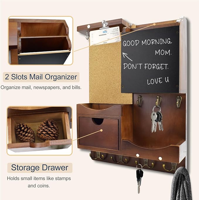 Key Holder Wall Mount， Mail Organizer Key Holder for Wall with Shelf, Drawer, Chalkboard, Corkboard, Home Decor Wall Mounted for Room Entryway(Vintage Brown)