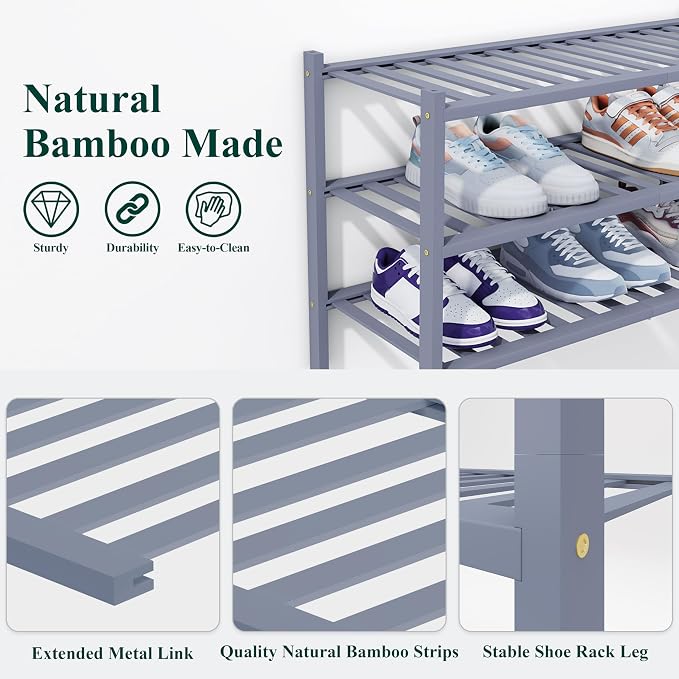 Smiry Bamboo Shoe Rack, 14 Vertical Slats, 6 Tier - 26.8" Wide, Grey | Stackable Free Standing Wooden Shoe Organizer, Wood Shoe Storage Shelf for Closet, Entryway, Thicher Leg