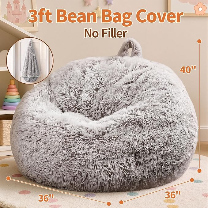Stuffed Animal Storage Bean Bag Chair Cover, Soft Bean Bag Cover | Fluffy Faux Fur Stuffed Animal Storage Chair, Non-Slip Bottom, Fill with Plush Toys or Blankets, for Adults Teens Kids Girls
