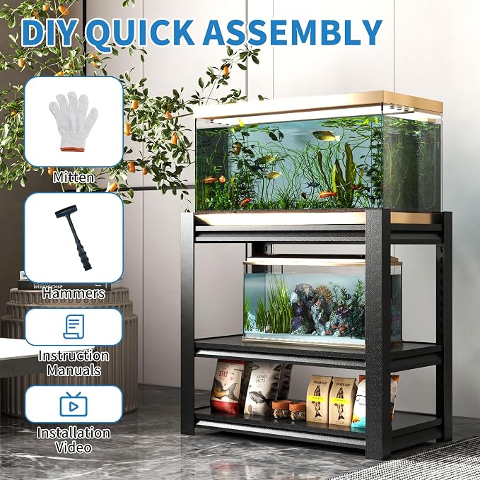 3 Tier Metal Shelving Unit, Aquarium Shelf System, Small Storage Organizer Racks for Basement Garage Laundry Utility Shelving (Black)