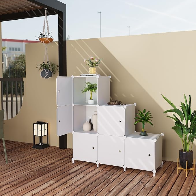 6Cube Storage Organizer Modular Stackable with Doors White | Sturdy plastic 6-cube cabinet with doors, 30x30x30cm per cube, tool-free snap assembly, ideal for bedroom, stairs, closet.