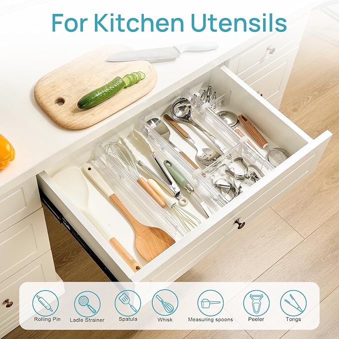 Vtopmart 2.36” Drawer Dividers with Expandable Inserts, 12.8"-22.3" Adjustable Kitchen Drawer Organizer, Clear Plastic Organizer Separator for Flatware, Utensil, Cutlery, 8 Dividers with 14 Inserts