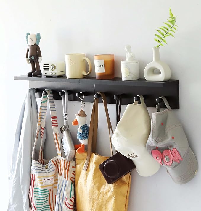Entrance Coat Rack ，Coat Hooks, Wall-Mounted Wooden Hook Rack, Wall-Mounted Shelves are Very Suitable (Black Color Finish—A-2)