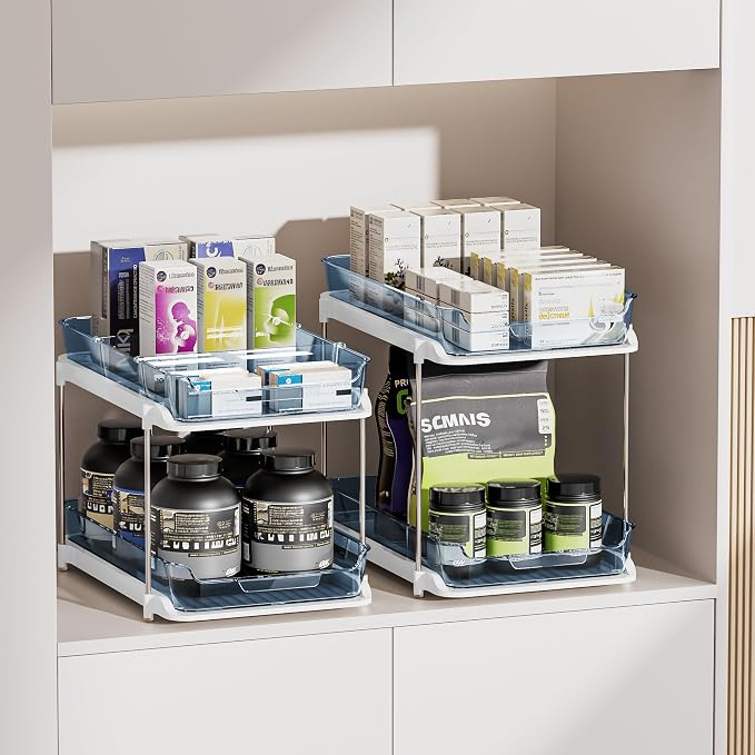 Delamu 2-Tier Multi-Purpose Bathroom Under Sink Organizers and Storage, Stackable Kitchen Pantry Organization, Pull Out Medicine Cabinet Organizer with Movable Dividers, Blue, 4 Pack