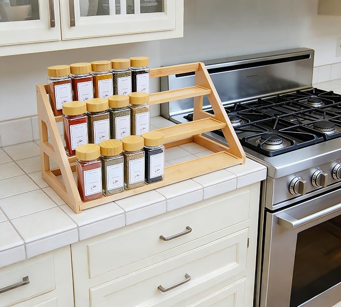 Bamboo Tier Spice Rack Organizer: 17.5 Inch Wide Kitchen Cabinet Countertop Spice Jar Organizer for Home Organization