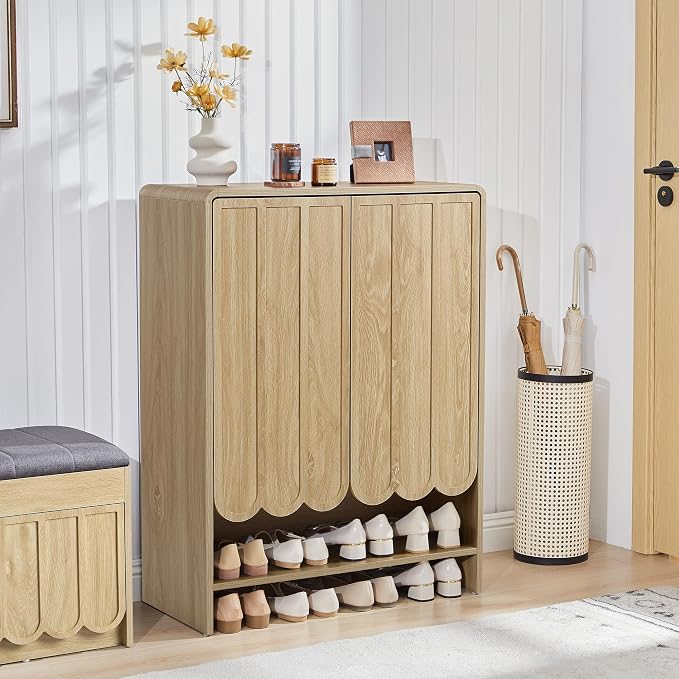 Shoe Storage Cabinet with Scalloped Doors, 5-Tier Wooden Shoe Cabinet with Adjustable Shelves, Shoes Rack Storage Organizer for Entryway, Hallway, Living Room, Natural