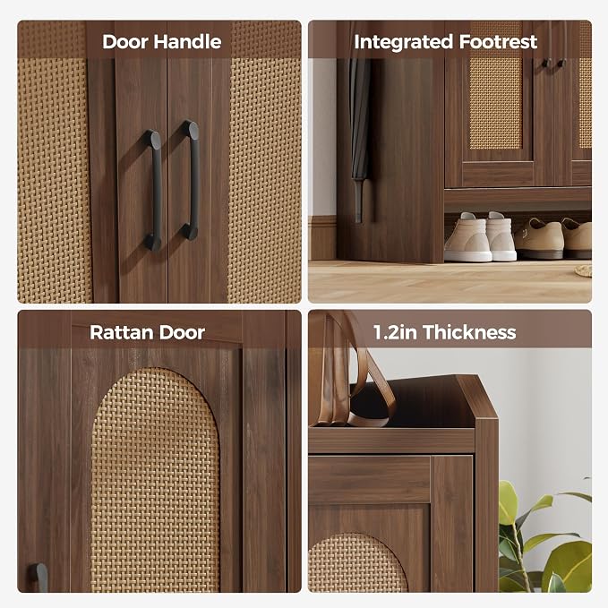 Rattan Shoe Storage Cabinet, Farmhouse Shoe Cabinets Storage for Entryway, Boho Wooden Shoe Rack with 3 Doors for Entryway, Hallway (Walnut, 3 Door)