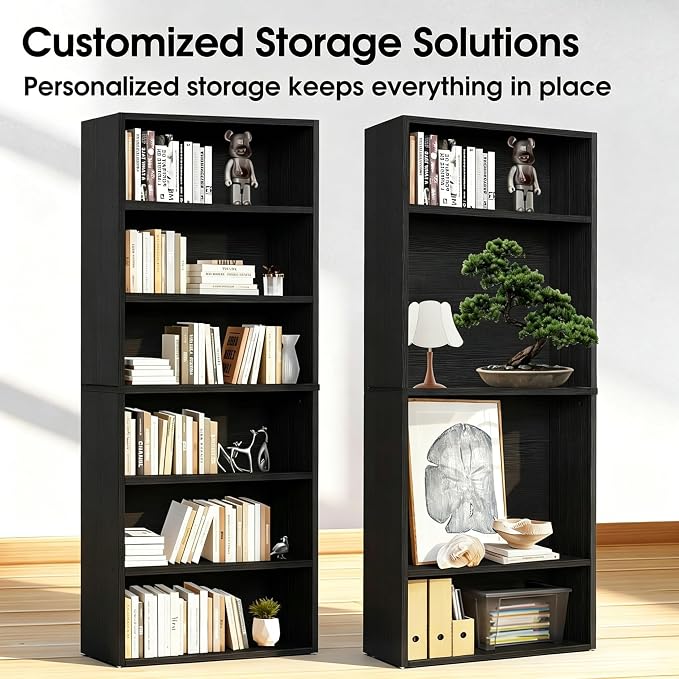 HealSmart 6 Tier Bookcase, Industrial 6 Book Shelf, 9.2" D x 23.8" W x 63" H Tall Open Cube Storage Organizer for Home Office, Living Room, Bedroom and Dinning Room, Black