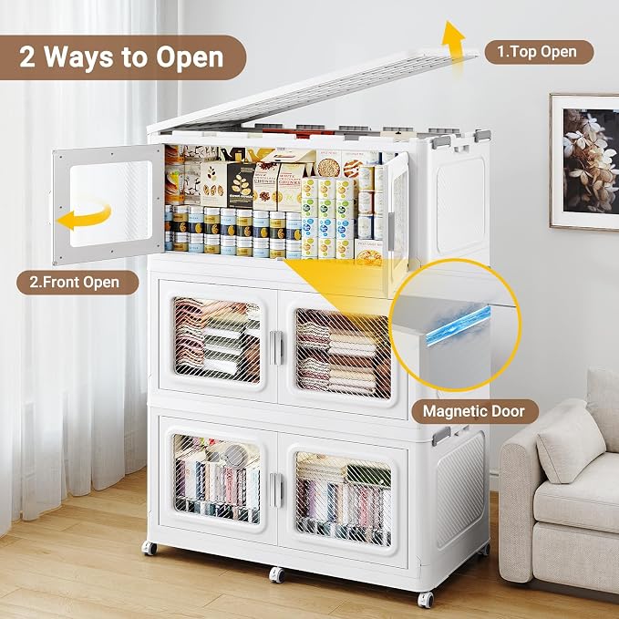 BROVIEW 220 Qt Extra Large Stackable Storage Bin with Lid, 1 Pack White | 55Gal Extra Large, Collapsible Storage Boxes with 1 Lid, Folding & Rolling Plastic Drawer, Heavy-Duty Cabinet Organization