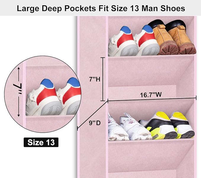 SLEEPING LAMB Over The Door Shoe Organizer for Closet with Large Deep Pockets, Narrow Shoe Rack for Door Hanging Boots Storage, Pink