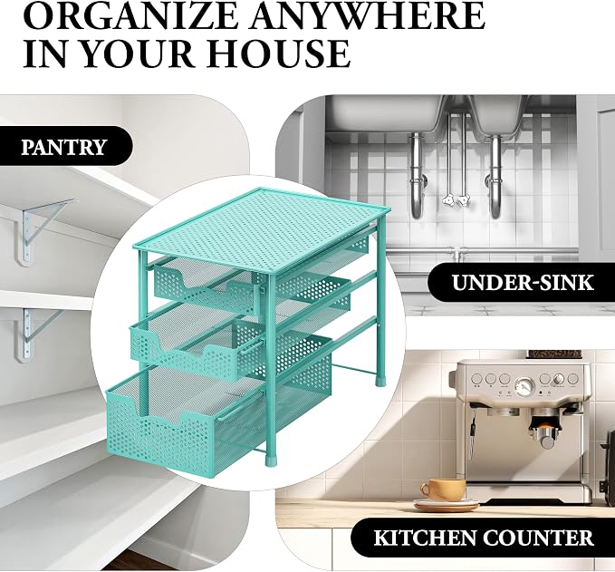 Simple Houseware Stackable 3 Tier Slide Basket Organizer Drawer, Turquoise