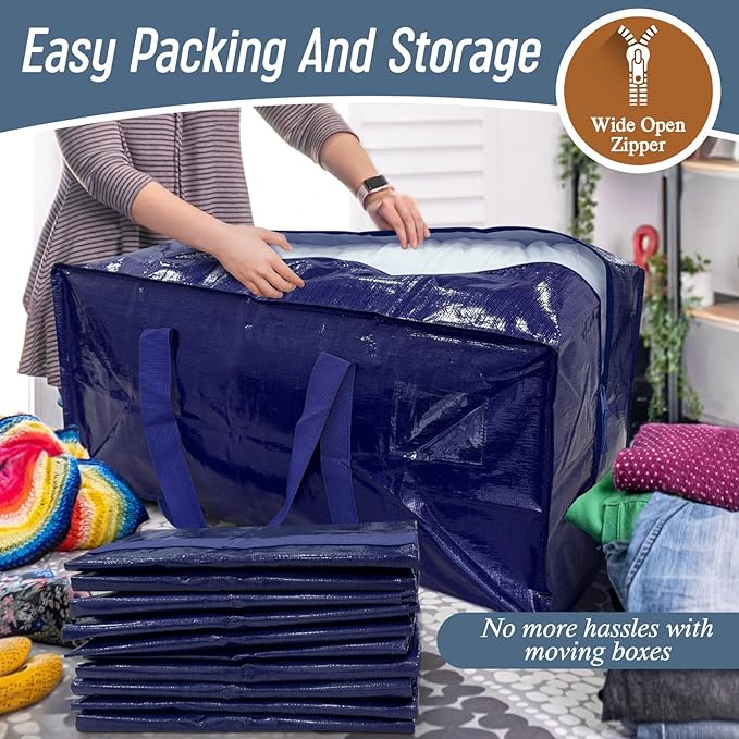 12 Pack Extra Heavy Duty Large Moving Bags with Strong Zipper & Comfortable Handles, Sturdy & Durable Clothes Storage Bags Totes Bins, Packing Moving Boxes for College Supplies, Dark Blue