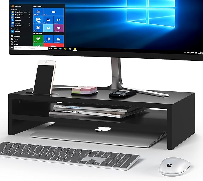 BONTEC Wood Monitor Stand Riser, 2-Tier Desktop Organizer | Ergonomic Computer Stand for Desk, Cable Management, Cellphone Holder, 21.3 Inch Shelf, Black