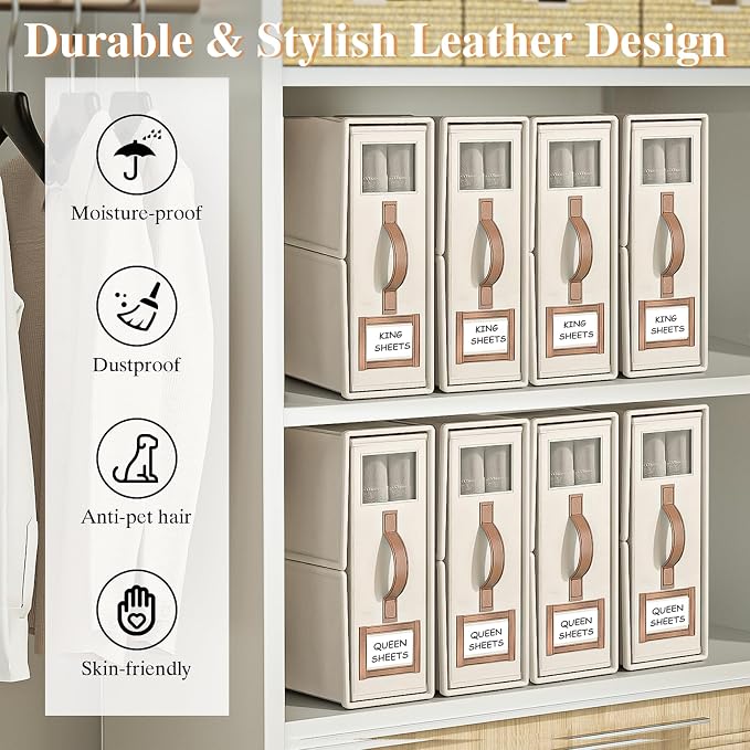 8 Pack Foldable Bed Sheets Set Organizers and Storage(King & Queen Size),Linen Fabric Closet Organizers with Window,Folding Bedding Storage Box for Bedsheets and Pillow Cube Organizer-Beige