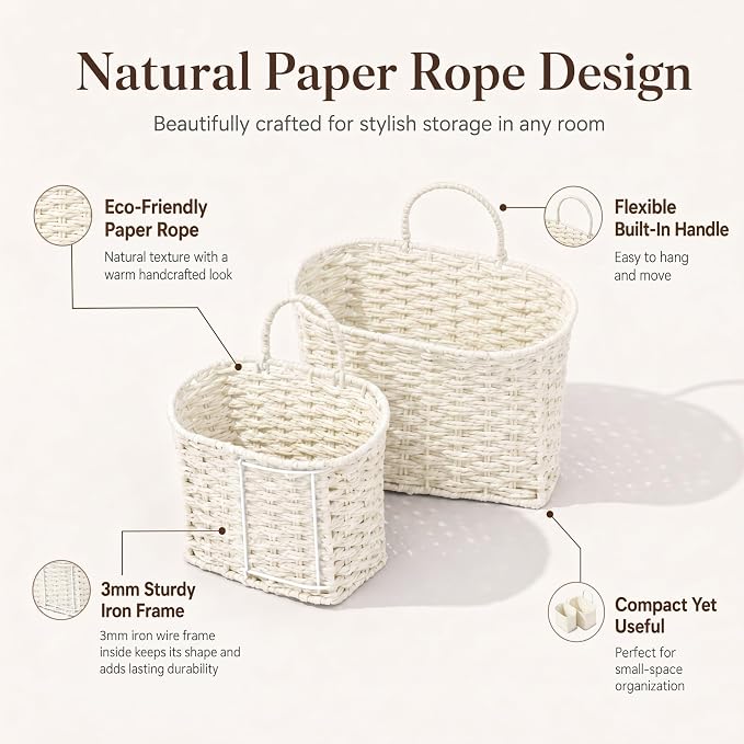 Coeusy Hanging Basket, Paper Roper Wall Basket for Laundry,Entryway,Nursery,Bathroom, Large Door Basket for Flowers,Planters,Mail,White