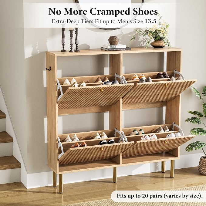 Nicetree Shoe Storage Cabinet for Entryway - Ultra Slim Shoe Cabinet with Tiered Fluted Design - Modern Shoe Organizer with Gold Legs, Hidden Shoe Rack for Small Spaces, Fits Men's Size 13.5
