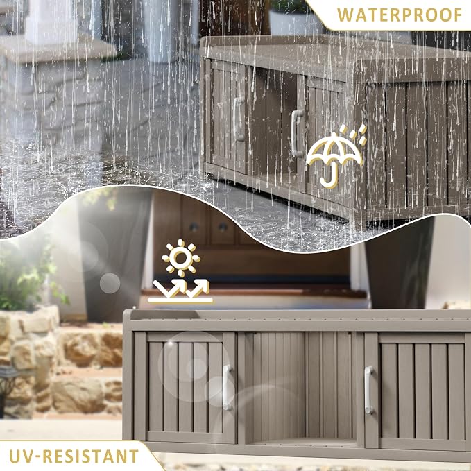 Storage Bench - Waterproof Resin Shoe Bench with Adjustable Shelves - Indoor & Outdoor Use, 2 Doors Entryway Bench with Hidden Storage Space - Storage Cabinet for Bedroom, Hallway, Grey