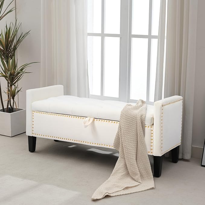 Velvet Storage Ottoman Bench, 46'' Upholstered Button Tufted End of Bed Bench, Modern Entryway Ottoman Bench with Arms, Beige