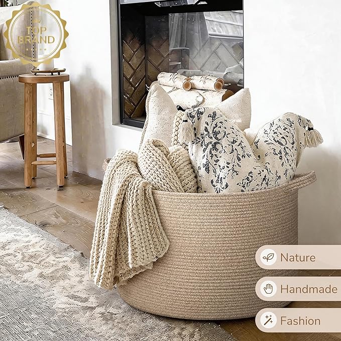 INDRESSME XXXLarge Woven Wicker Blanket Basket Living Room, 90L | 21.7" x 13.8" Storage baskets for toys laundry & pillows. Fits living room, bedroom or nursery décor. Soft-touch with handles