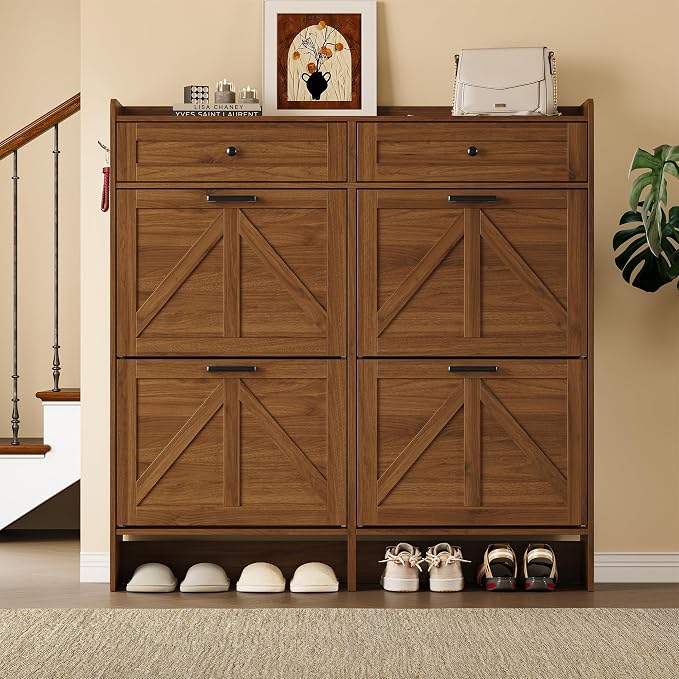 BORNOON Shoe Storage Cabinet for Entryway, Farmhouse Wide Shoe Cabinet with 4 Flip Drawers and 2 Top Drawers, Freestanding Organizer with Adjustable Shelves, Hooks, and Anti-Tip Kit for Hallway