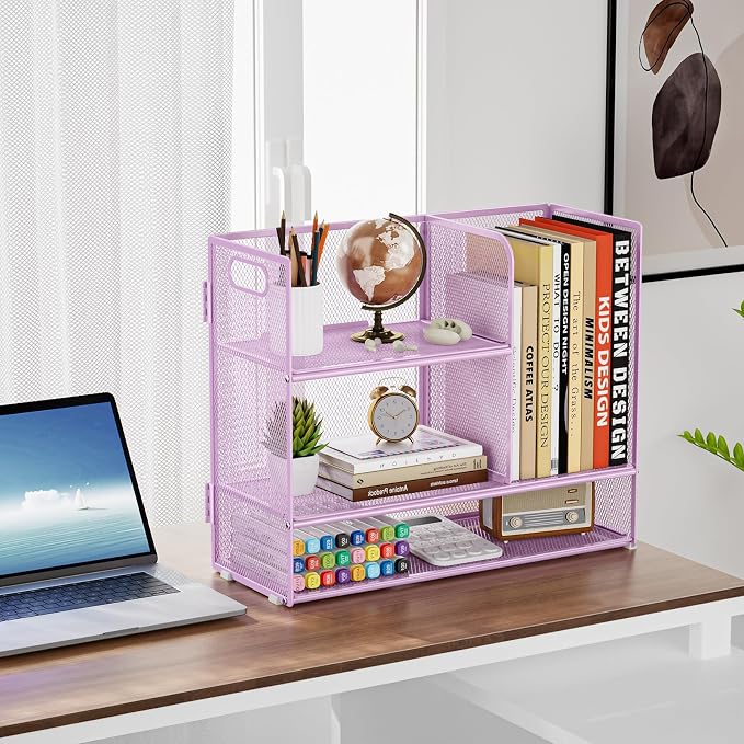 Marbrasse Desk Shelf Organizer with Handle, Bookshelf File Holder, Purple | 3-Tier Desktop Mesh Display Shelf Organizer Storage Rack for Office, Home, Supplies, Kitchen