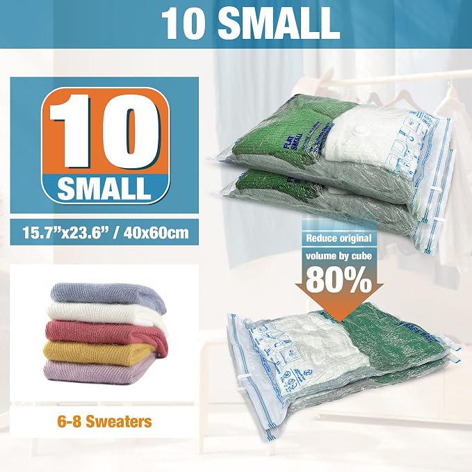 Vacuum Storage Bags, 10 Small Space Saver Vacuum Seal Bags, Space Bags, Vacuum Sealer Bags for Clothes with Travel Hand Pump (10S) | Home and Travel, Airtight Triple Seal, Save 80% Space, Hand Pump, Work with Vacuum, Double Zip, Reusable, Easy to Use